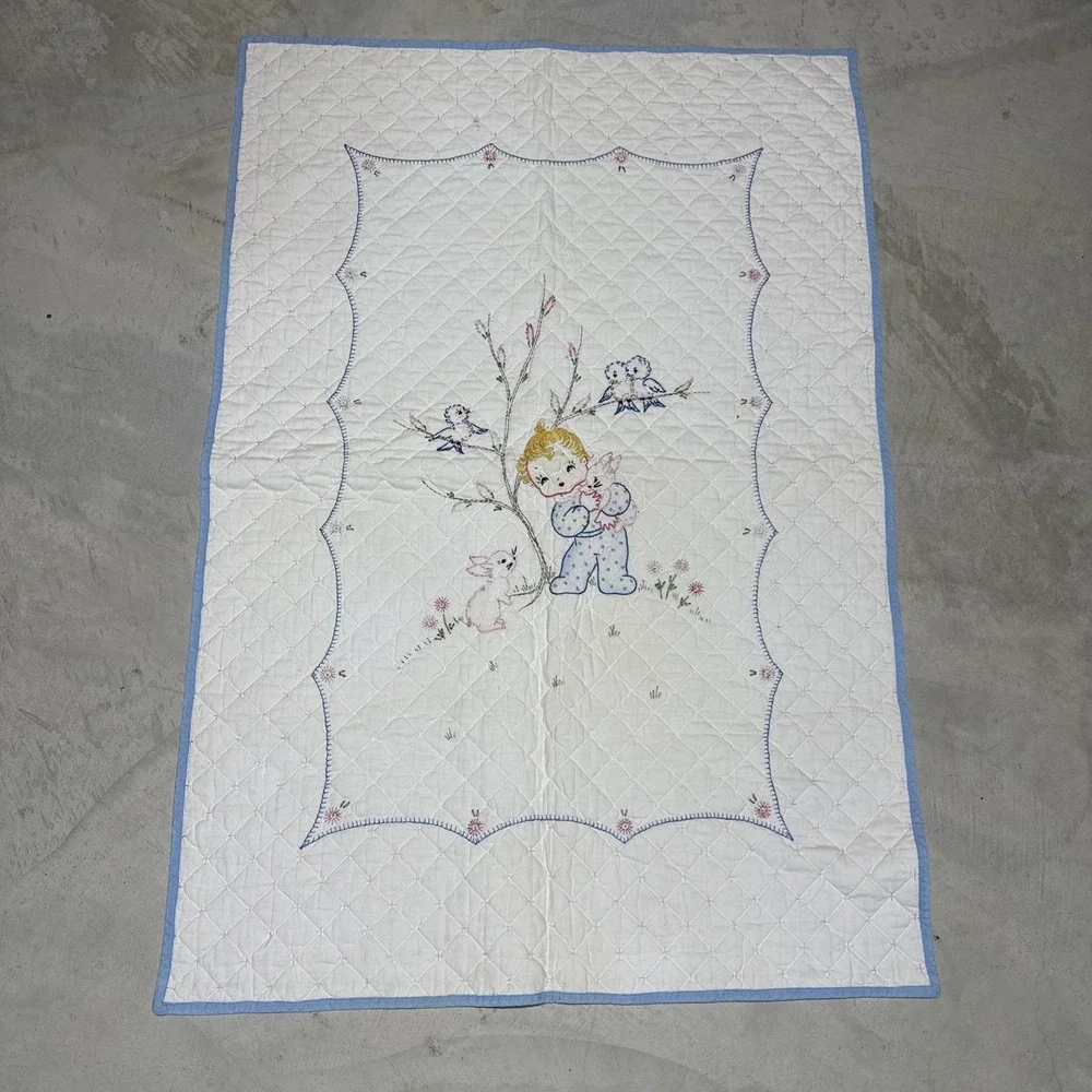 Vintage Handmade Patchwork Bunny Birds Cross Stitched Baby Quilt 29